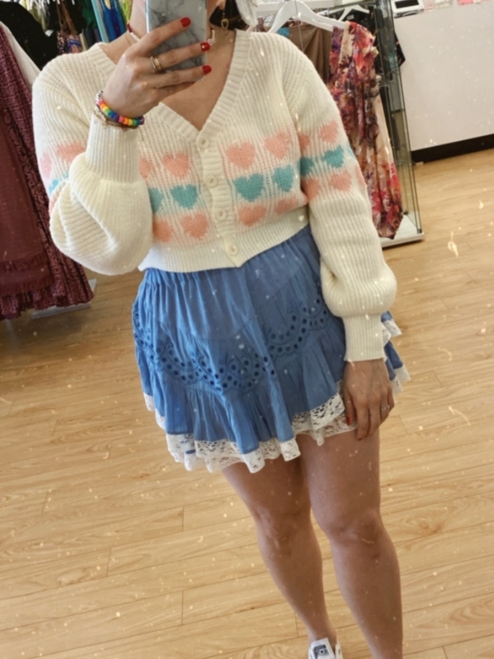 LoveShackFancy Light Blue Mini Skirt with Lace Trim